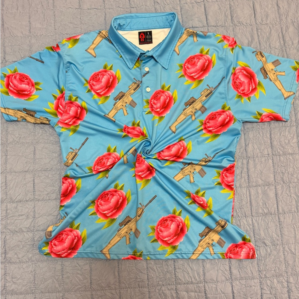 Blue Floral and Gun Print Polo Shirt